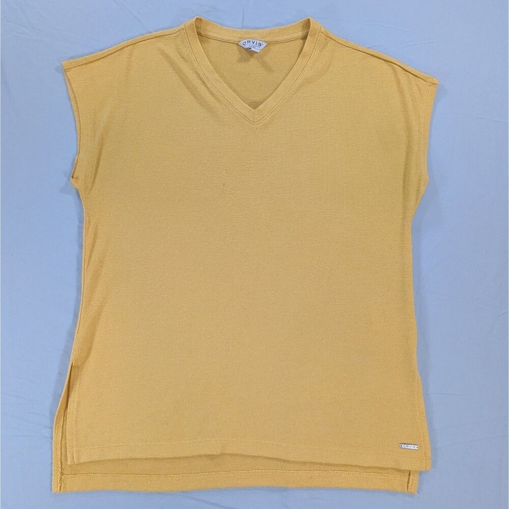 Orvis Blouse Womens XS Short Cap Sleeve Mustard V-neck Relaxed Fit